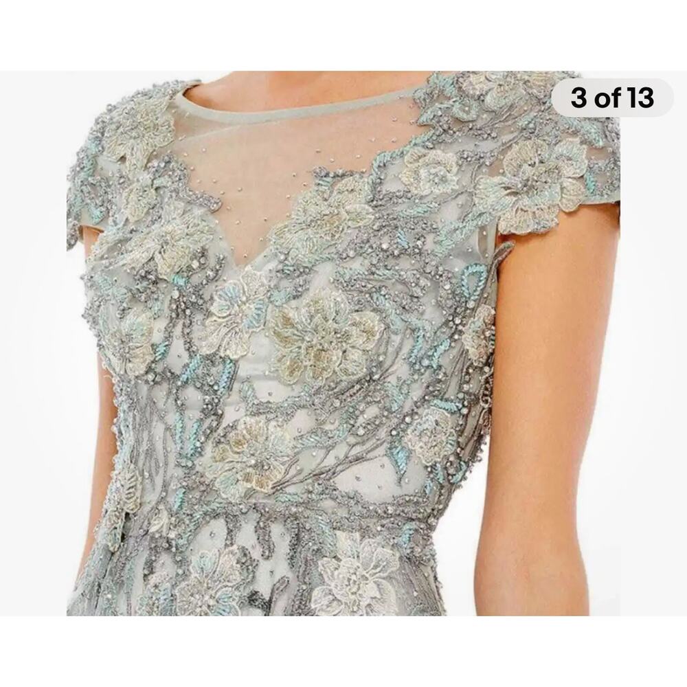 Mac Duggal NWT Seamist Green / Gray Floral Embroidered Maxi Gown 20294 - Picture 6 of 16